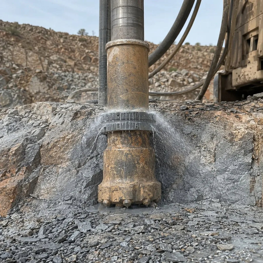 DTH drill bit penetrating hard rock surface with flushing visible at drill collar