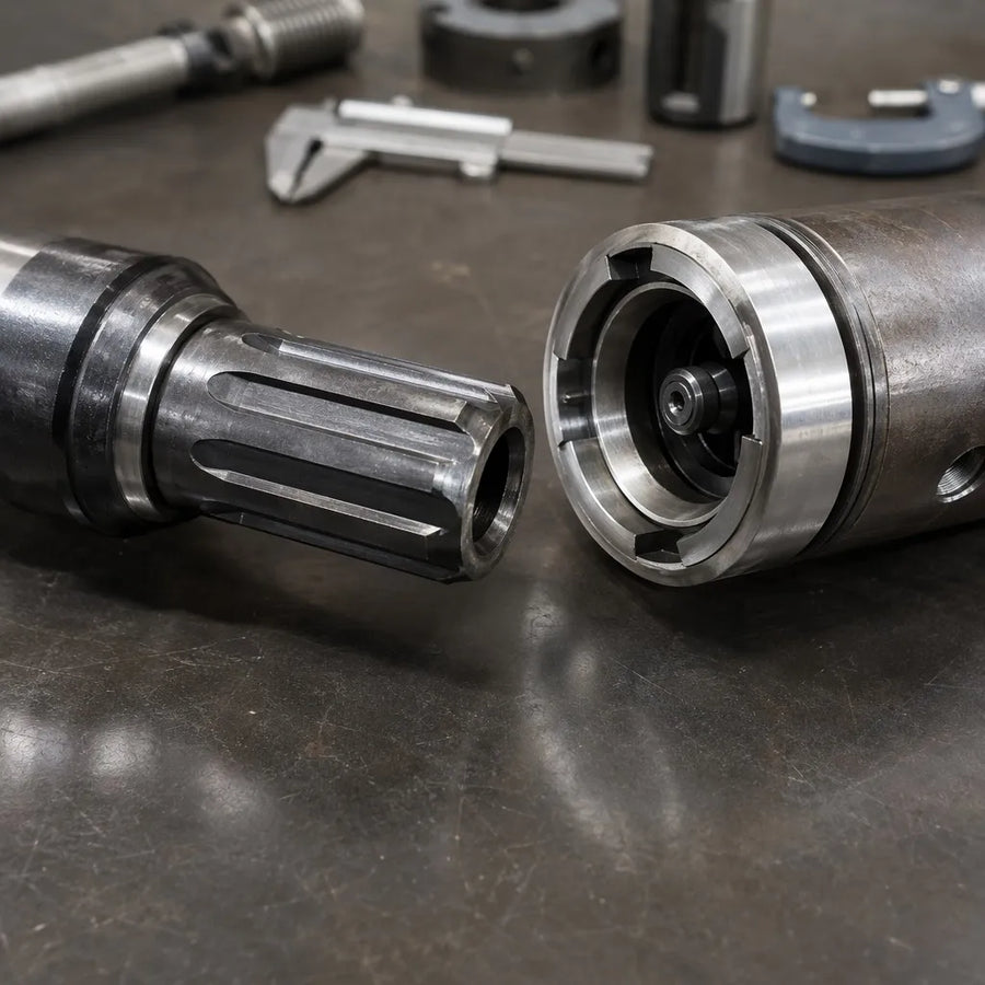 DTH drill bit shank positioned beside a matching hammer chuck for compatibility inspection