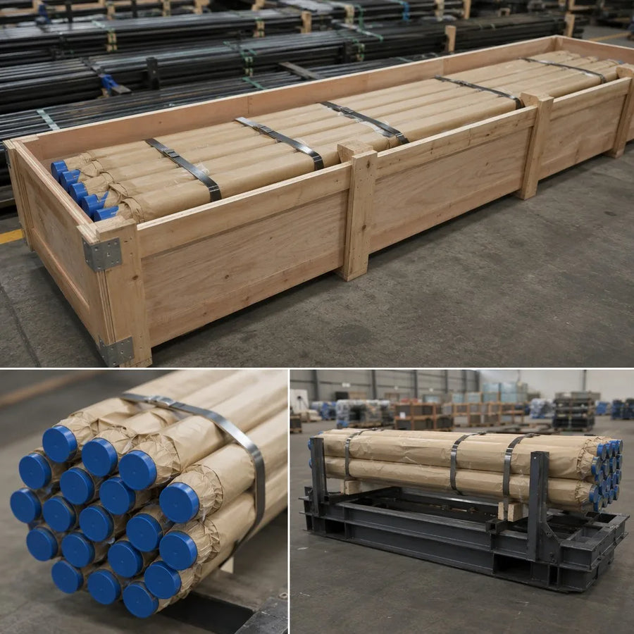 T38 drill rod export packaging bundled steel strap thread protectors wooden crate