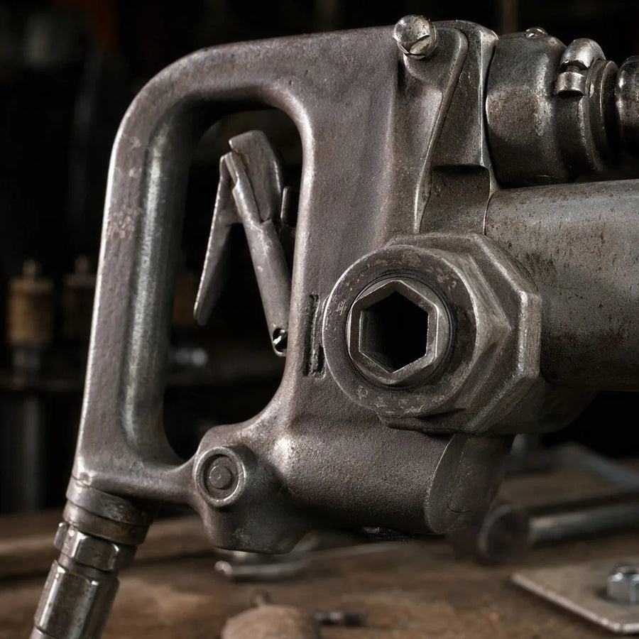 Y19A rock drill detail — pistol-grip throttle trigger, H22 chuck bushing, air inlet fitting