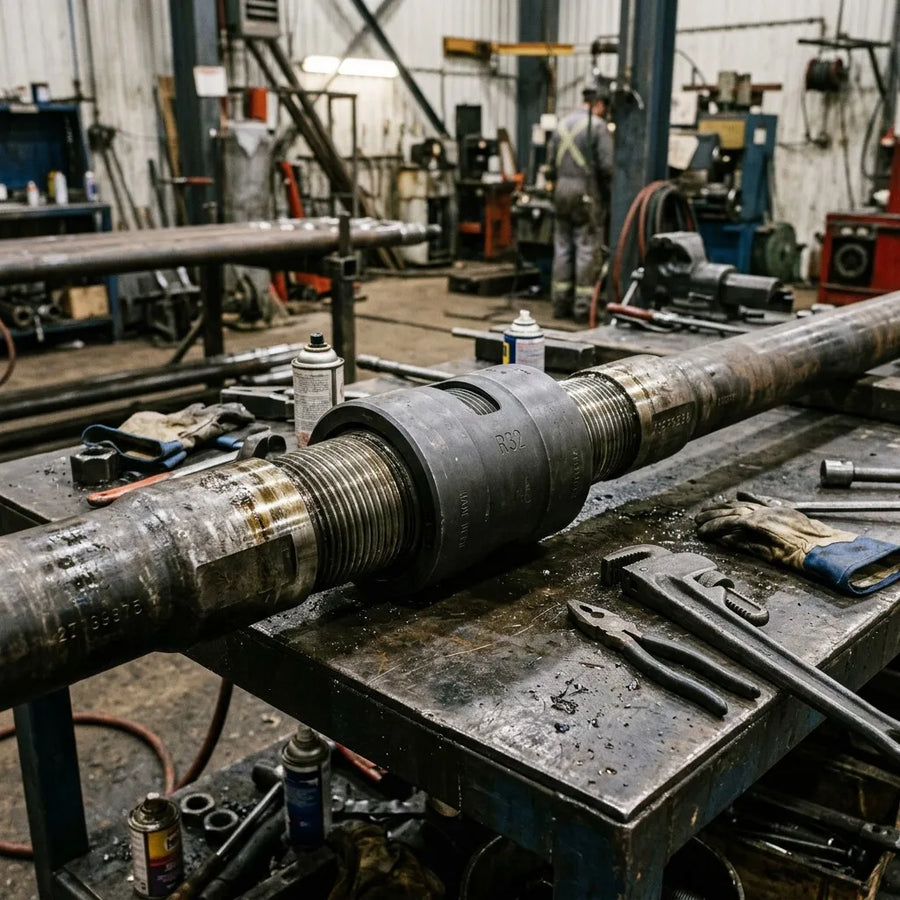 R32 coupling connecting two R32 drill rods end-to-end workshop rig