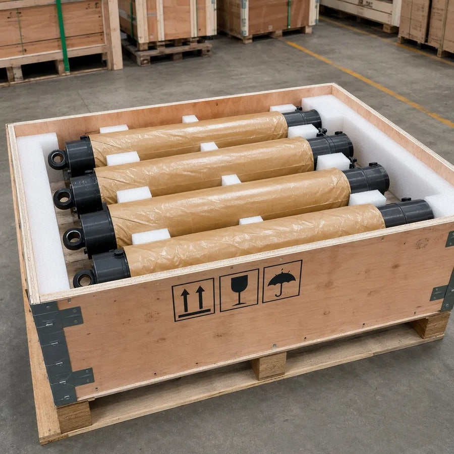 FT160 pneumatic air legs packaged for export in reinforced plywood crate with protective wrapping