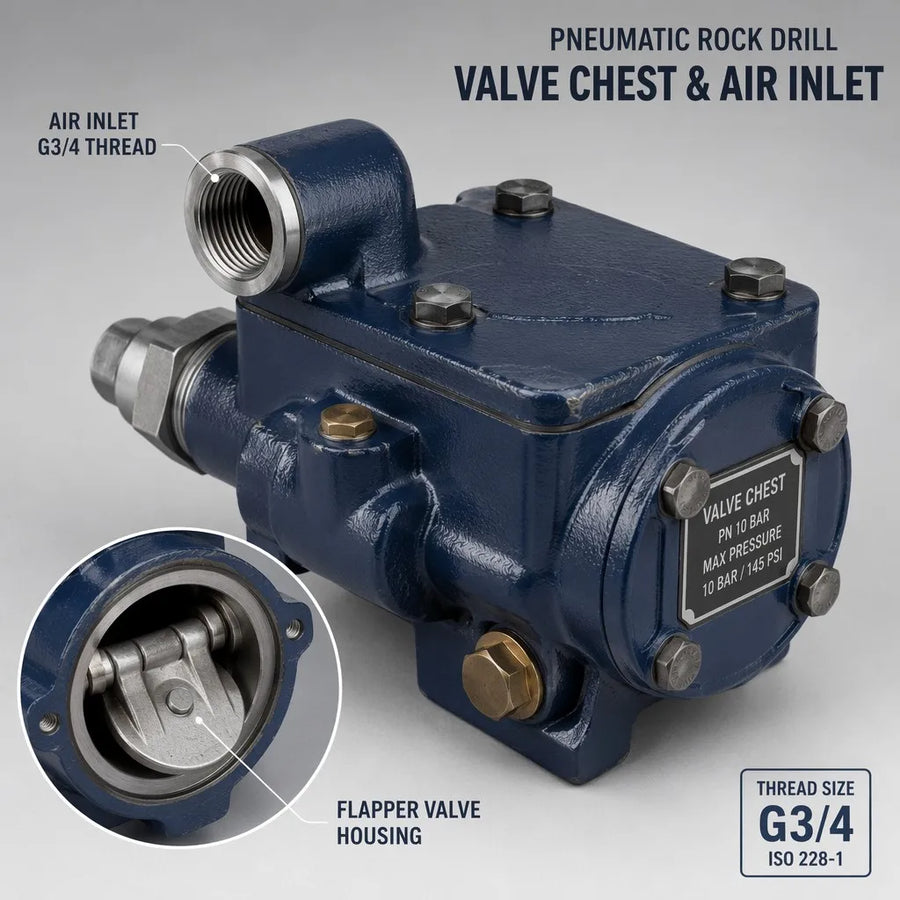 YT28 pneumatic rock drill valve chest housing and flapper valve structure