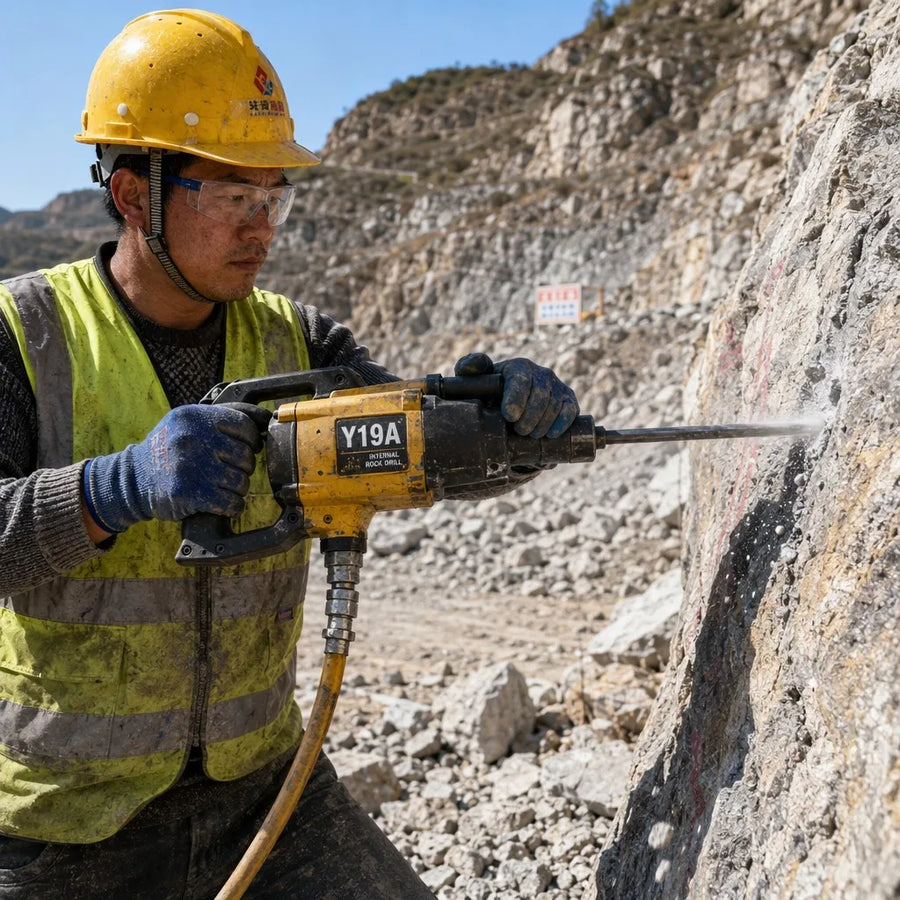 Y19A hand-held rock drill in outdoor quarry — worker drilling anchor holes into rock face, compressed air hose connected
