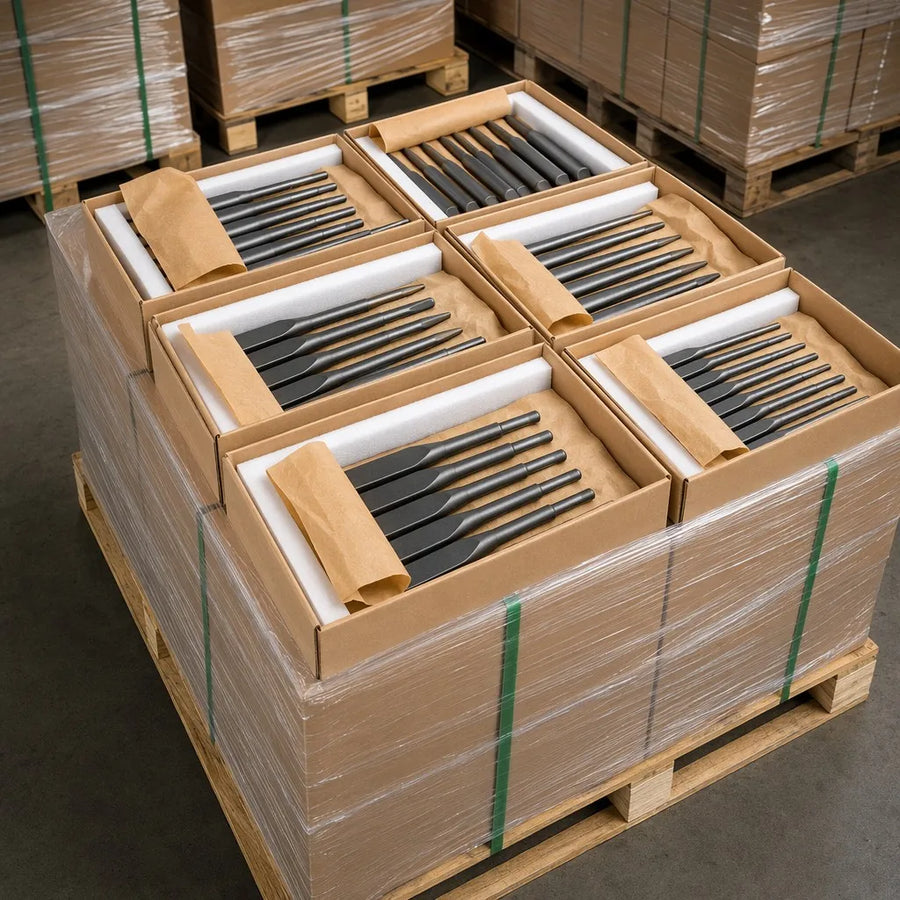 11-degree taper chisel bits sorted by diameter in divided export cartons with protective packaging
