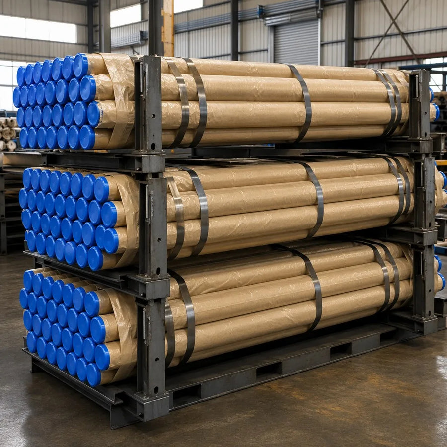 R32 threaded extension drill rods bundled with thread protectors and VCI wrapping for export