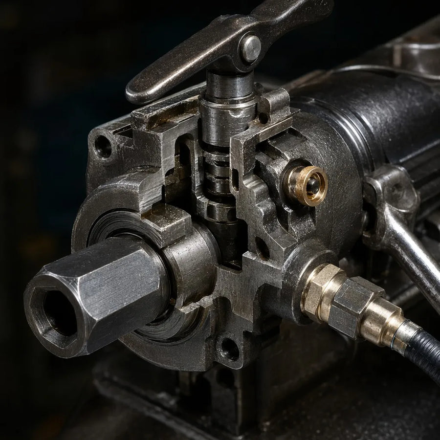 YT24-family rock-drill control and chuck-interface detail; exact shank size and hose connection require model-specific confirmation.