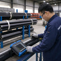 T45 drill rod beside inspection equipment; the image does not establish the method, result, batch scope, report or supplied-order coverage.