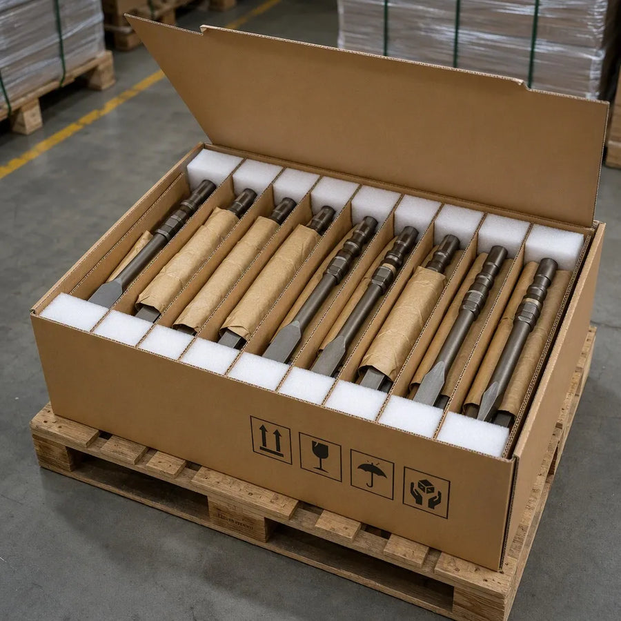 11-degree taper cross bits sorted and packed in divided export cartons with protective foam inserts