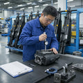 Quality inspection of YT24 rock drills — technician measuring cylinder bore with bore gauge, assembled drills on rack in manufacturing workshop