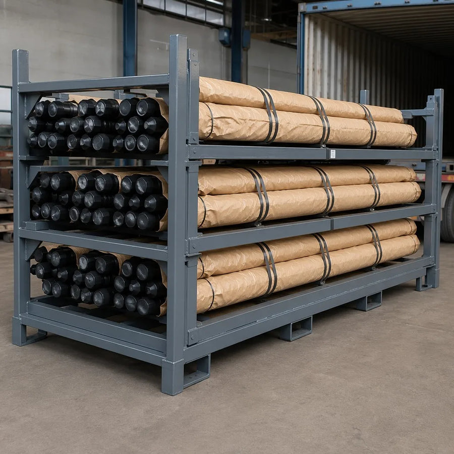 T45 drill rod export packaging bundled steel straps thread protectors VCI paper steel pallet rack long-length shipping