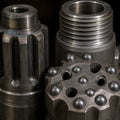CIR90 DTH Hammer detail — close-up of precision-machined splines, carbide button bit face with tungsten carbide inserts, hardened steel contact surfaces