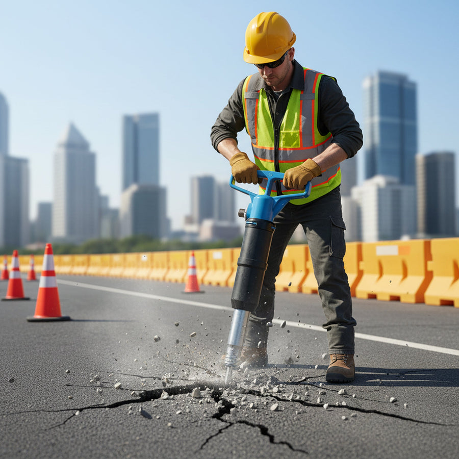 PerfoMax MO-4B pneumatic pick breaking asphalt pavement on a road repair site