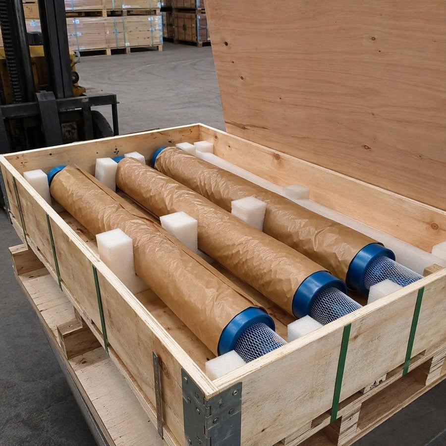 CIR90 DTH hammers wrapped in VCI anti-rust paper inside an export wooden crate for container loading