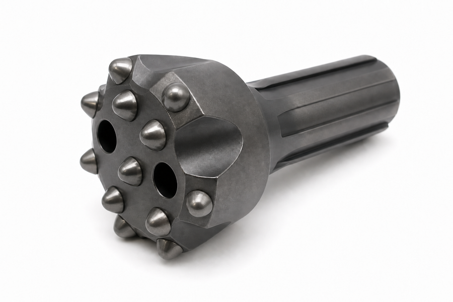 CIR110 110 mm convex DTH button bit example, 6+6+2 configuration, white-background 45-degree view