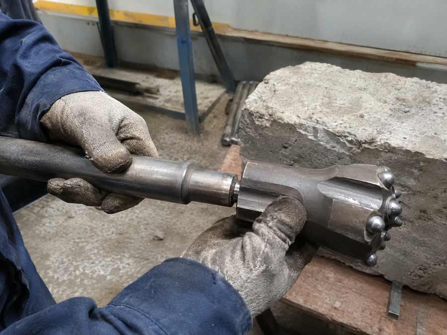 Taper button drill bit assembled with matching tapered drill rod