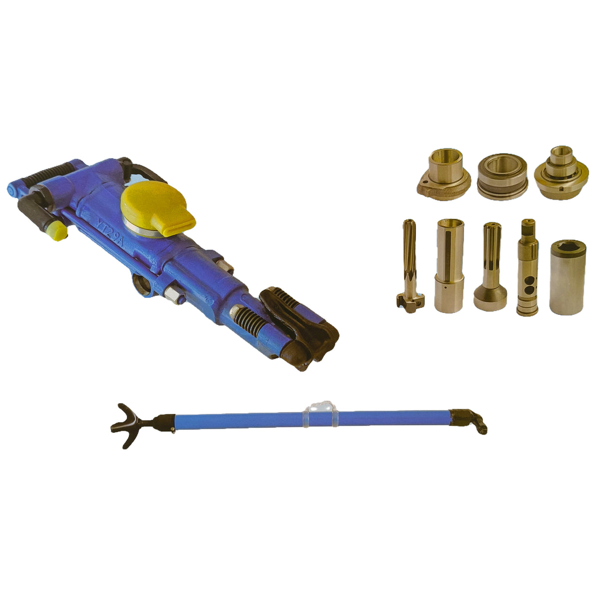 YT29A Air Leg Pneumatic Rock Drill — Blue body with yellow cap, air-leg support