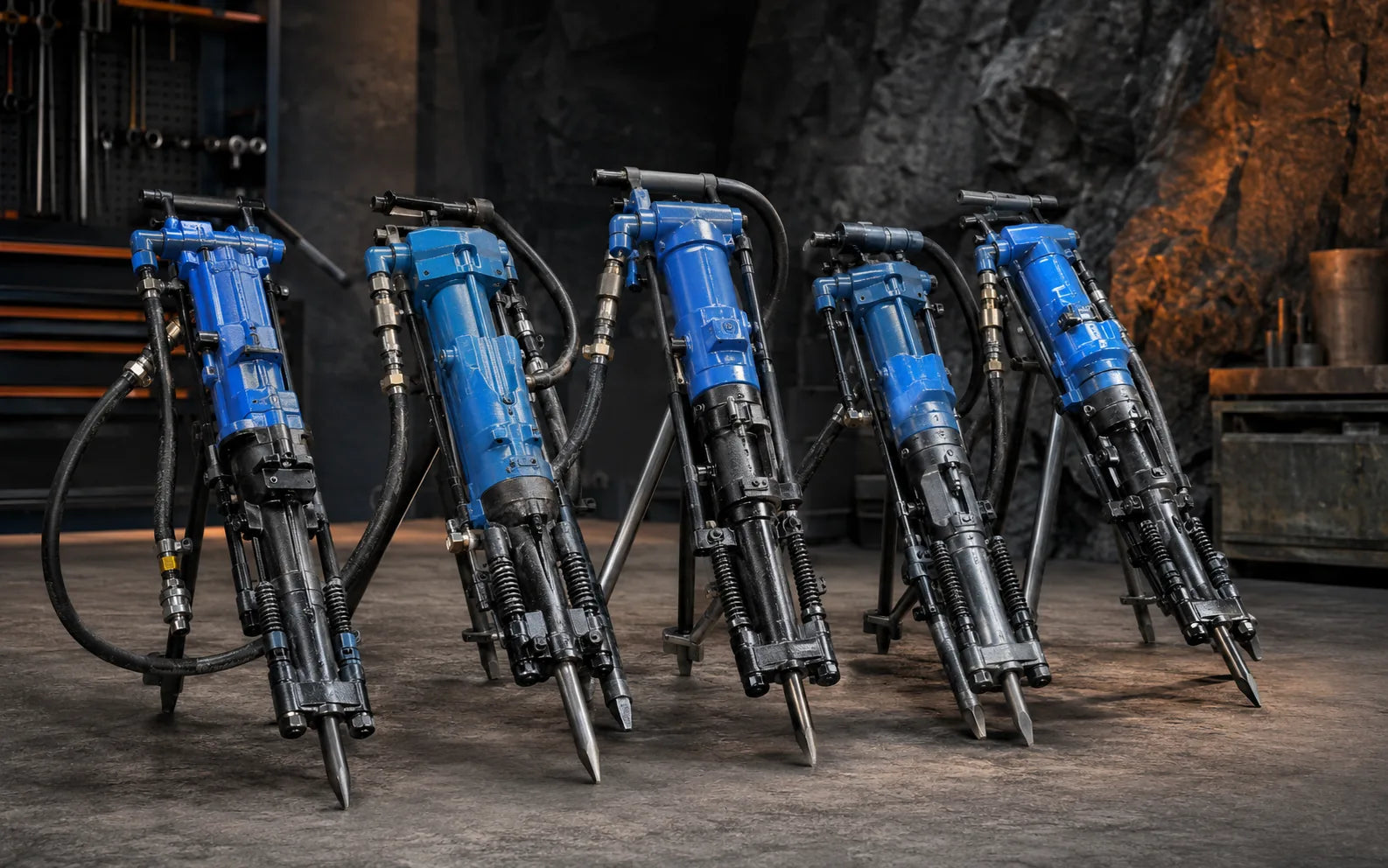 Pneumatic rock drills and matching accessories
