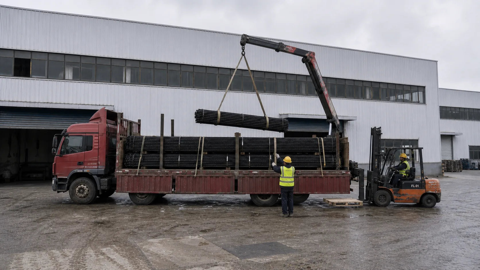 Long drilling products secured for loading