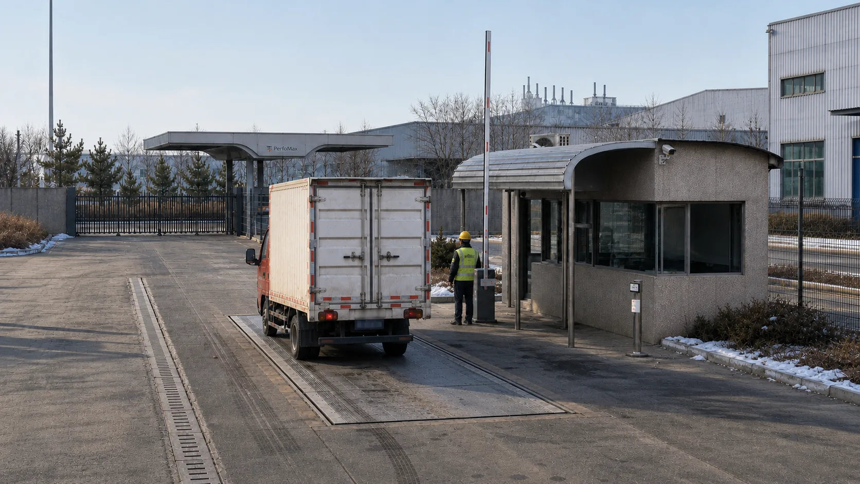 Delivery vehicle leaving an industrial dispatch area